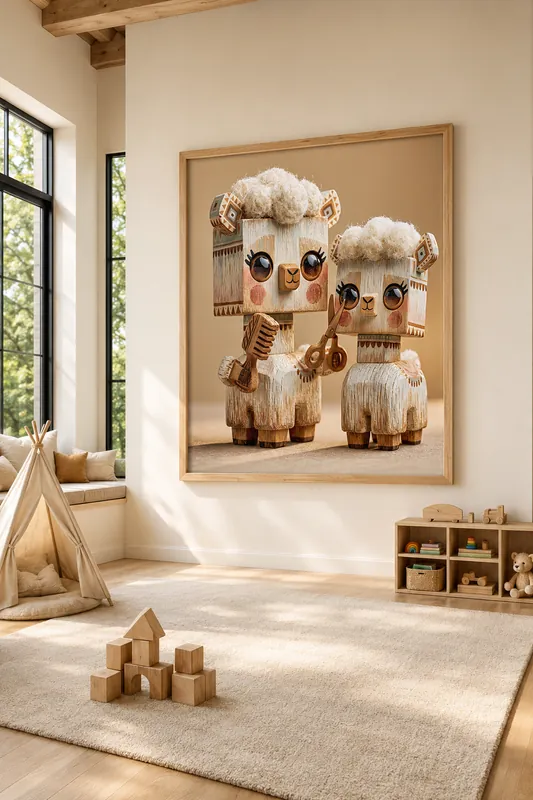 Two handmade alpaca figures pictured as framed art in a sunlit playroom